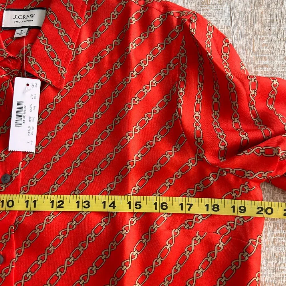 J Crew Collection Red Gold Silk Blouse/Top Gold Chain Link Print NWT size 8 - Picture 8 of 9